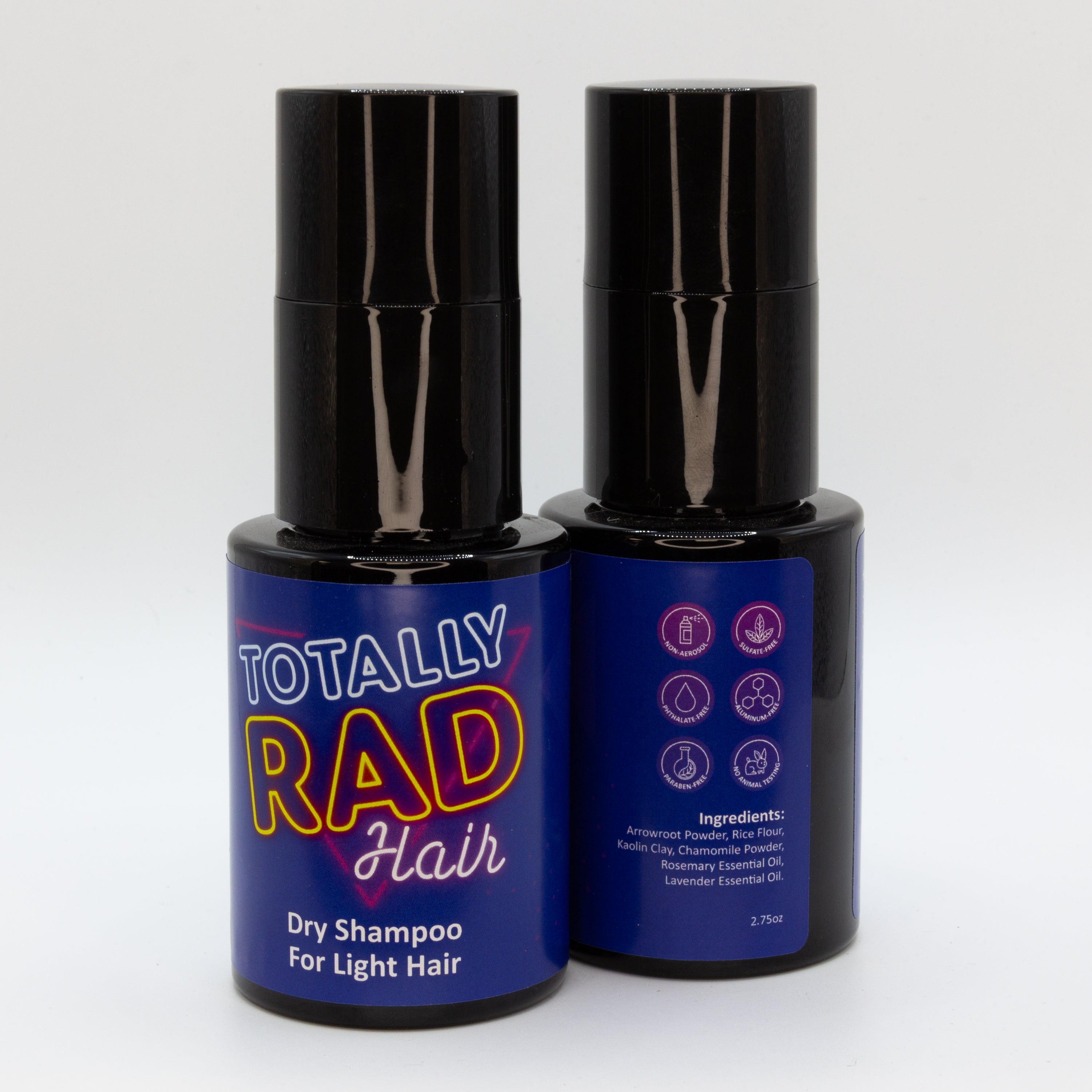 Front and back view of Totally Rad Hair Dry Shampoo for Light Hair, made by Coleman and Peck.