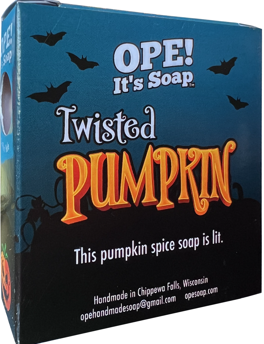 Back view of the Twisted Pumpkin soap box, with the saying "This pumpkin spice soap is lit."