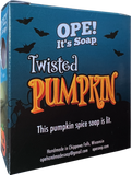 Back view of the Twisted Pumpkin soap box, with the saying "This pumpkin spice soap is lit."