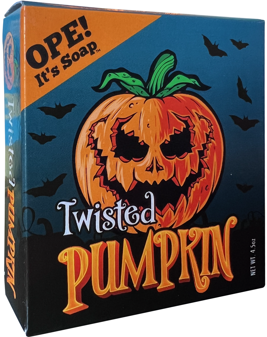 Front view of the Twisted Pumpkin soap box, showing a spooky jack o lantern.