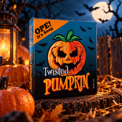 Ope! It’s Soap Twisted Pumpkin soap box displayed in a spooky autumn scene with pumpkins, fallen leaves, hay, a glowing lantern, bats, twisted trees, and a full moon.