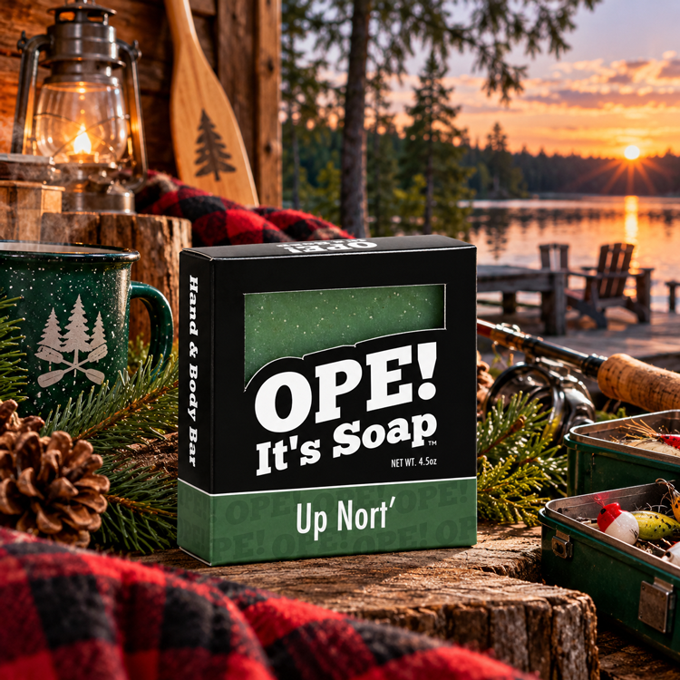 Ope! It’s Soap Up Nort’ soap box displayed in a cozy Wisconsin cabin scene with pine branches, fishing gear, a camp mug, lantern, plaid flannel, and a peaceful lake at sunset.