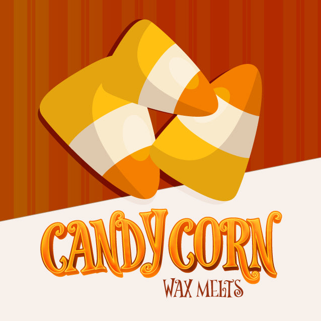 Three cartoon candy corns with Candy Corn Wax Melts verbiage