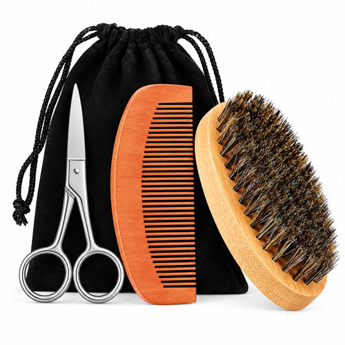 Beard grooming set featuring silver scissors, a wooden comb, a wooden hairbrush with dark bristles, and a black drawstring pouch, arranged on a white background.