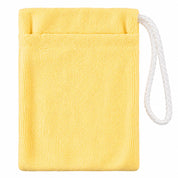 A yellow microfiber cleaning cloth pouch with a white rope loop handle, shown against a plain white background.