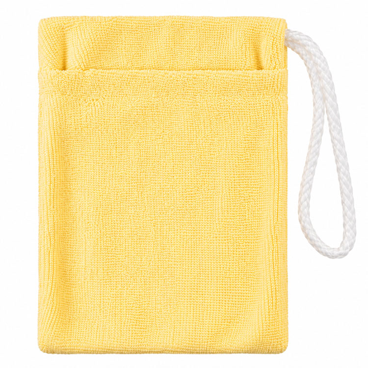 A yellow microfiber cleaning cloth pouch with a white rope loop handle, shown against a plain white background.