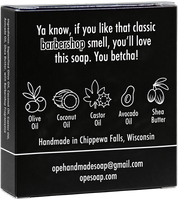 Back of the Ope! It’s Soap You Betcha! soap box featuring the tagline “Ya know, if you like that classic barbershop smell, you’ll love this soap. You betcha!” with illustrated olive oil, coconut oil, castor oil, avocado oil, and shea butter ingredients.