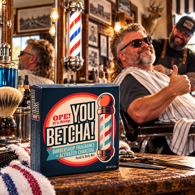 Ope! It’s Soap You Betcha! soap box displayed in a vintage Midwestern barbershop as a confident, silver bearded man proudly shows off his fresh mullet while relaxing in the barber chair.