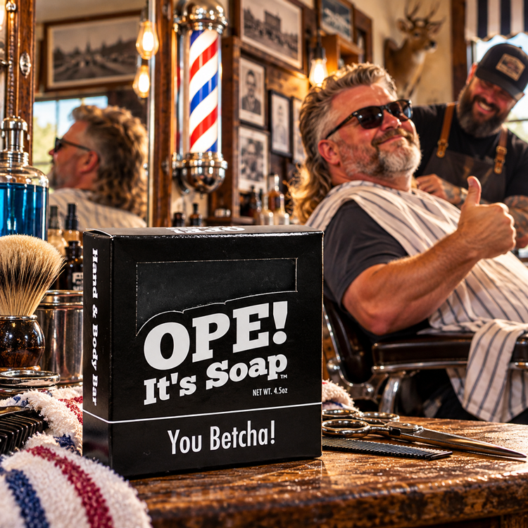 Ope! It’s Soap You Betcha! soap box displayed in a vintage Midwestern barbershop as a confident, silver bearded man proudly shows off his fresh mullet while relaxing in the barber chair.