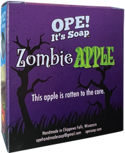 Back view of the zombie apple soap box, featuring the saying "This apple is rotten to the core."