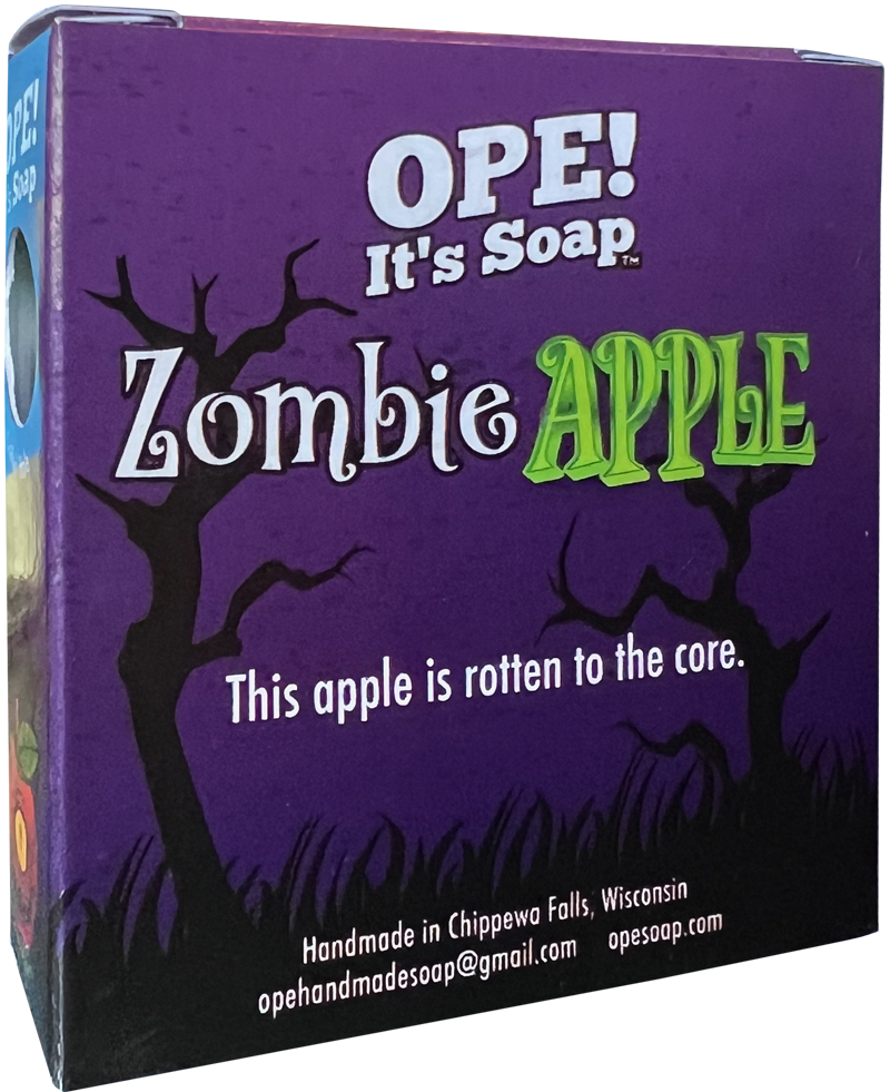 Back view of the zombie apple soap box, featuring the saying "This apple is rotten to the core."