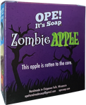 Back view of the zombie apple soap box, featuring the saying "This apple is rotten to the core."