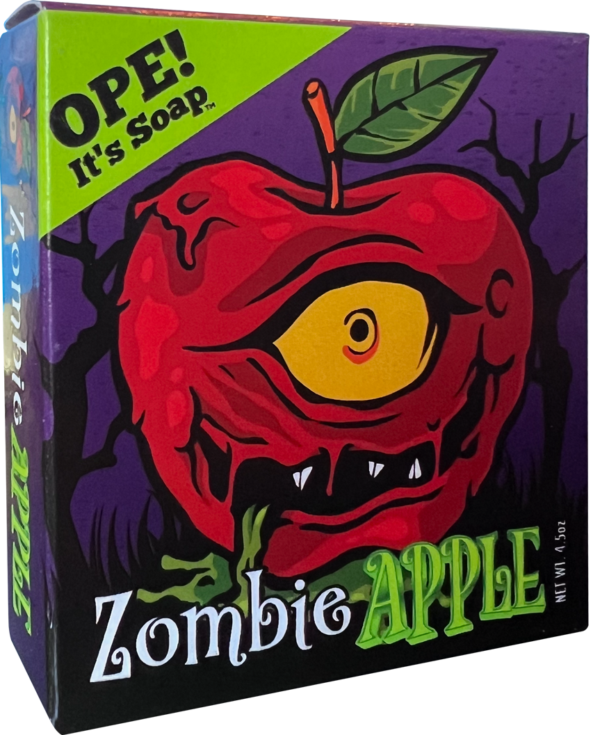 Front view of the Zombie Apple soap box, featuring a zombified apple.