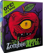 Front view of the Zombie Apple soap box, featuring a zombified apple.