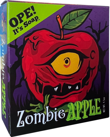 Front view of the Zombie Apple soap box, featuring a zombified apple.