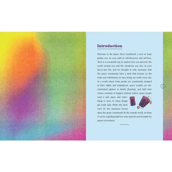 An open booklet or guidebook spread with a colorful gradient cover on the left and an introduction page on the right. The right page has the heading 'Introduction' in purple and contains a block of text plus small illustrations of two purple books and a small heart near the bottom.