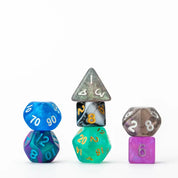 Set of colorful polyhedral dice on a white background