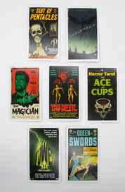 Set of tarot cards with colorful illustrations and text on a white background