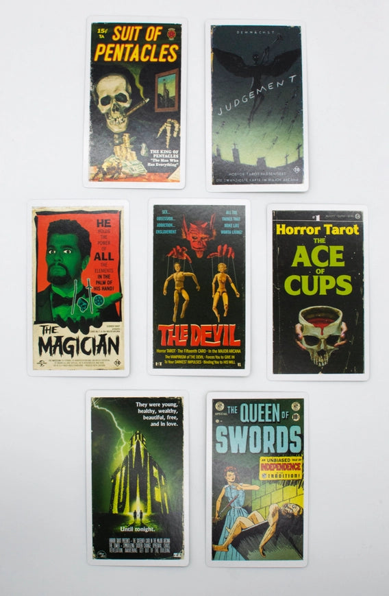 Set of tarot cards with colorful illustrations and text on a white background