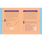 An informational spread sheet with two columns of text and small icons, titled 'Chessie's Good Mood Spread' and 'New Relationship Spread,' on a peach background with blue side borders.