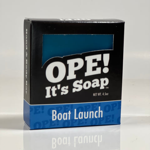 Front side of the Boat Launch soap. Box is black with blue accents.