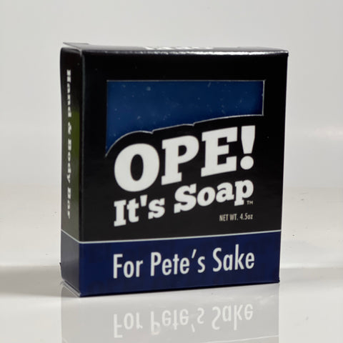 Front side of the For Pete's Sake soap. Box is black with dark blue accents.
