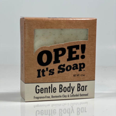 Front side of the Gentle Body Bar box. Box is kraft paper colored with cream accents.
