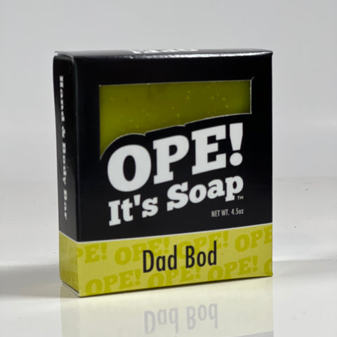 Front side of the Dad Bod soap. Box is black with yellow accents.