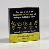 Back side of the Dad Bod soap box. Quote on box says, "On a scale of one to ten, this chestnut and birch soap will make your dad bod an eleven." Box is black with yellow accents.